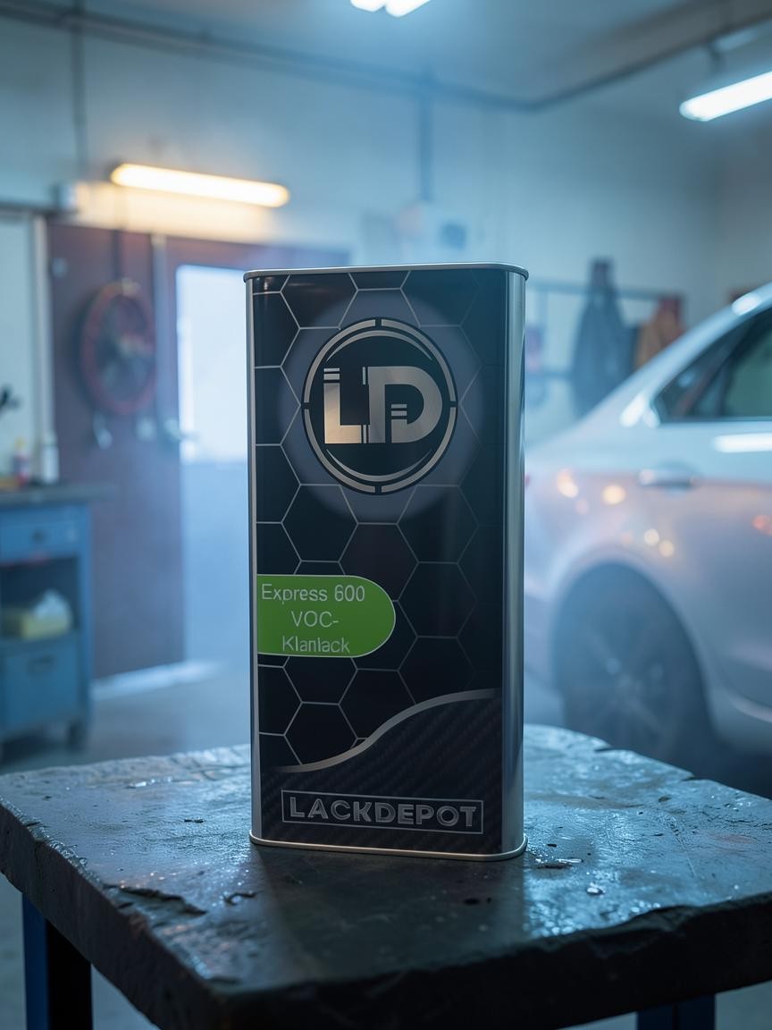 Lack Depot Express 600 VOC-Klarlack 5L can with black carbon design in a professional automotive workshop.