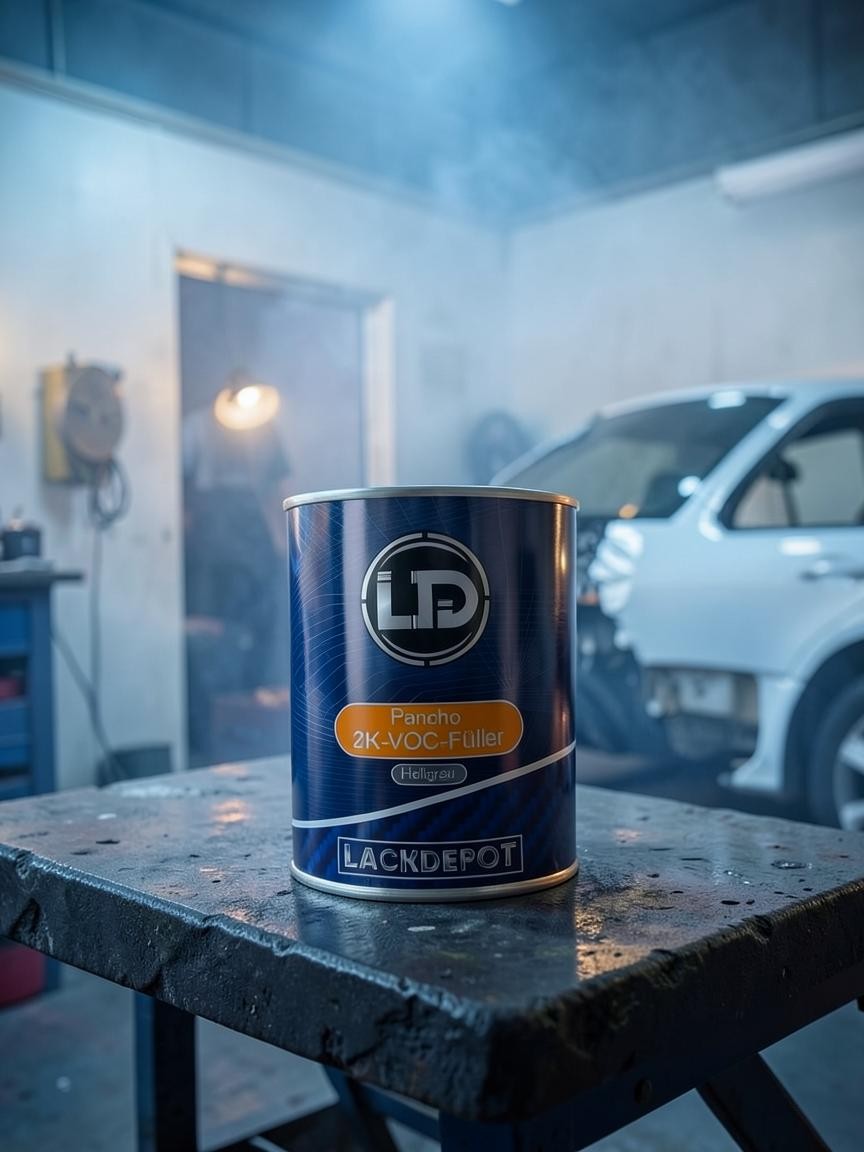 Lack Depot LD Pancho 2K-VOC-Füller in hellgrau, 3,75 L Dose für Karosserie-Grundierung in einer Werkstatt.