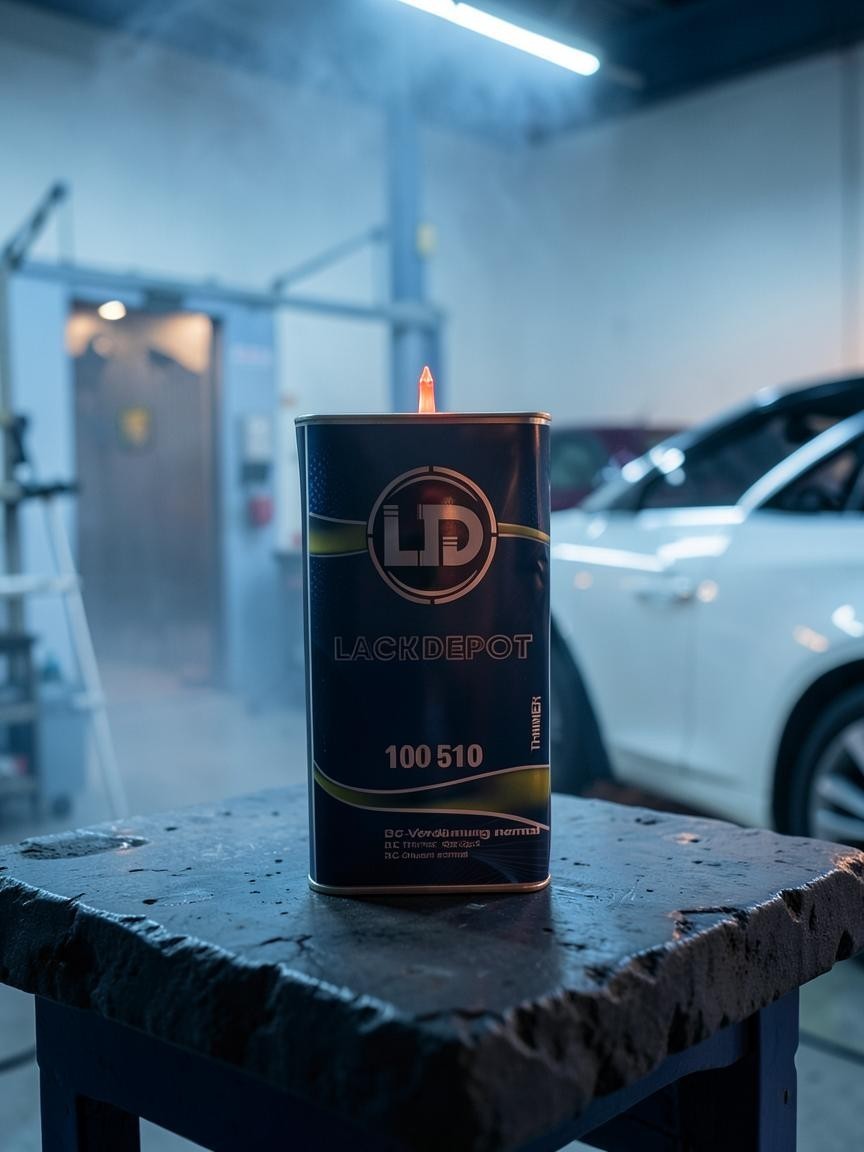 Lack Depot BC-Verdünnung Standard 5L metal canister for automotive basecoats in a professional workshop setting