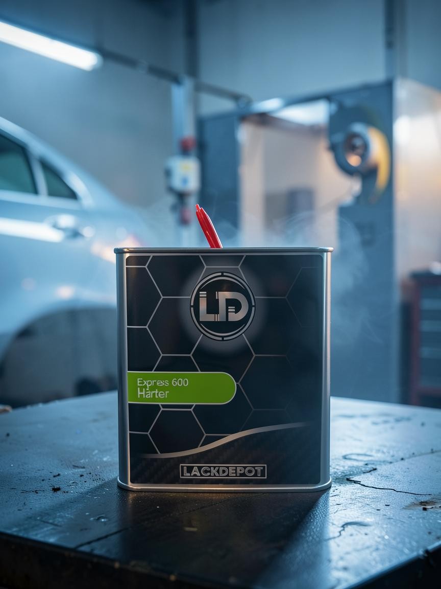 Lack Depot Express 600 hardener in a 2.5L metal container with a black carbon-fiber design in a professional workshop.