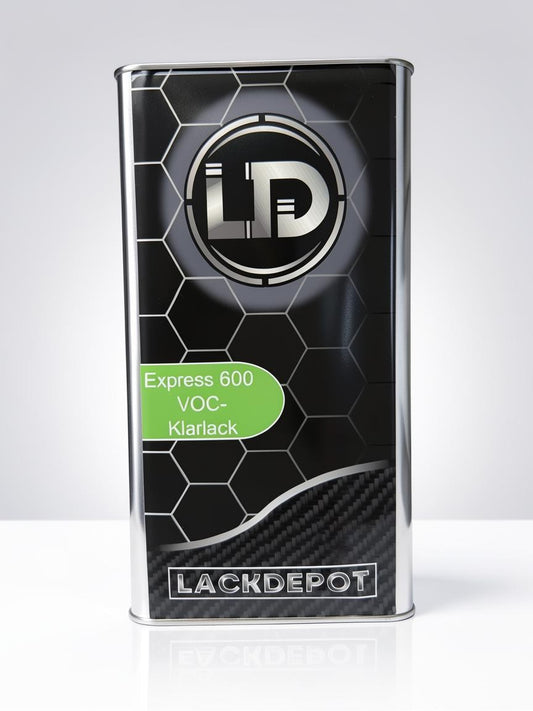 Lack Depot Express 600 VOC-Klarlack 5L container with black carbon design for professional automotive refinishing.