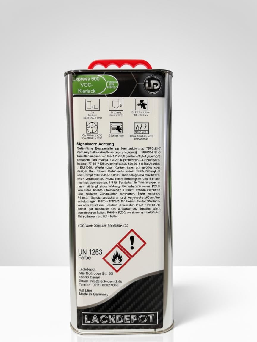 Lack Depot Express 600 VOC-Klarlack 5L metal canister with technical application instructions and safety information.