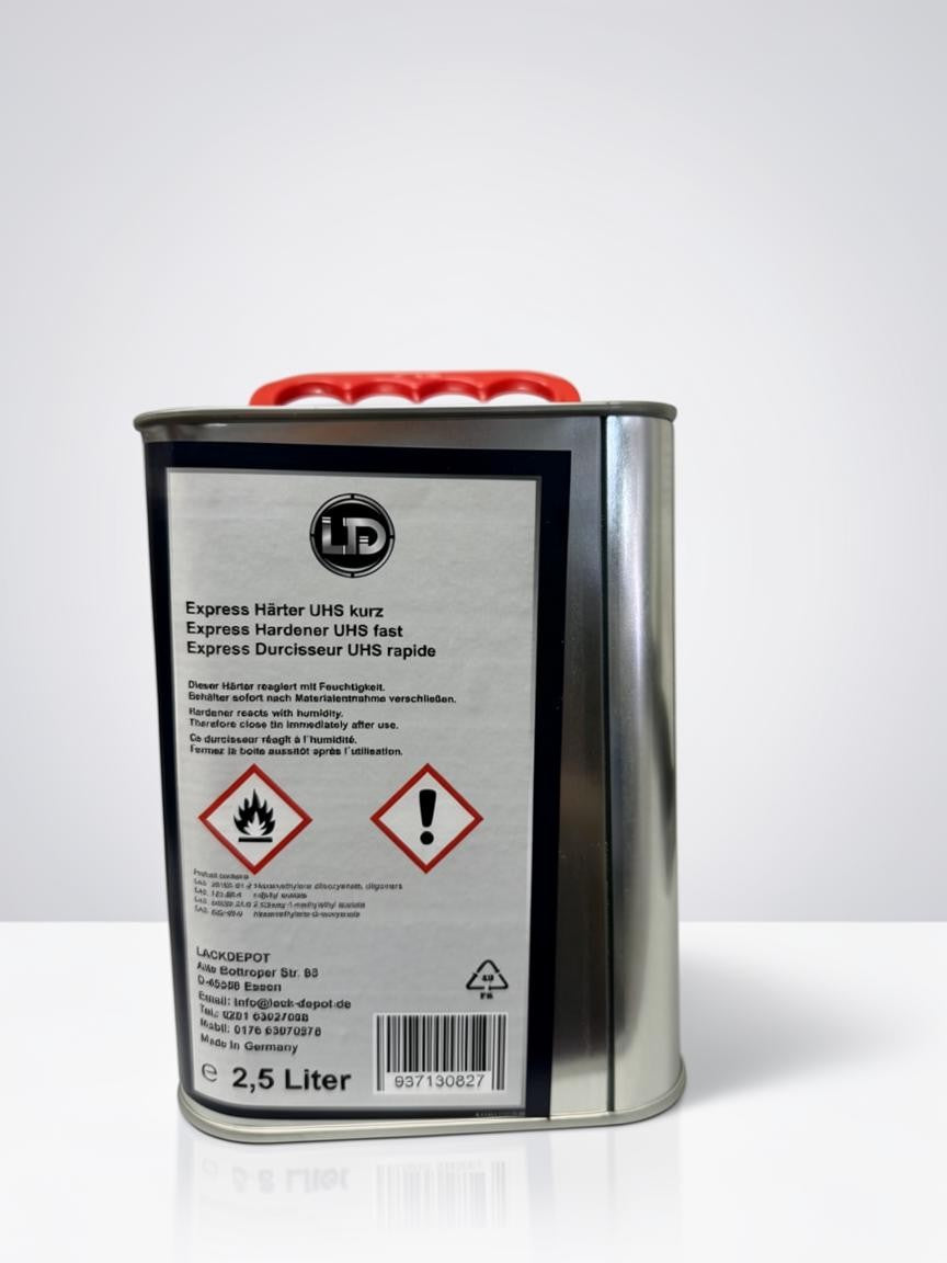 Lack Depot LD Express Härter UHS kurz 2,5L metal canister for 2K clear coat with safety warning labels