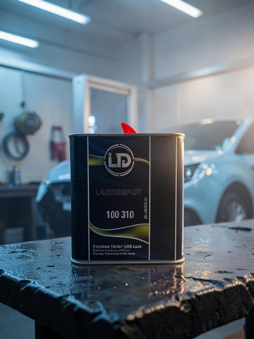 Lack Depot LD Express Härter UHS kurz 2,5L metal container for 2K clear coat in a professional automotive workshop