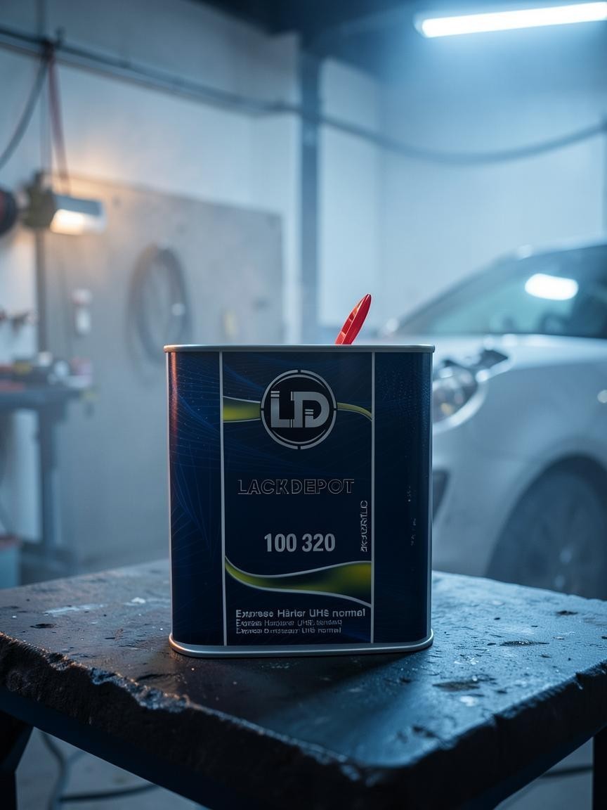Lack Depot LD Express Härter UHS standard 2.5L metal container for automotive clear coat in a workshop setting