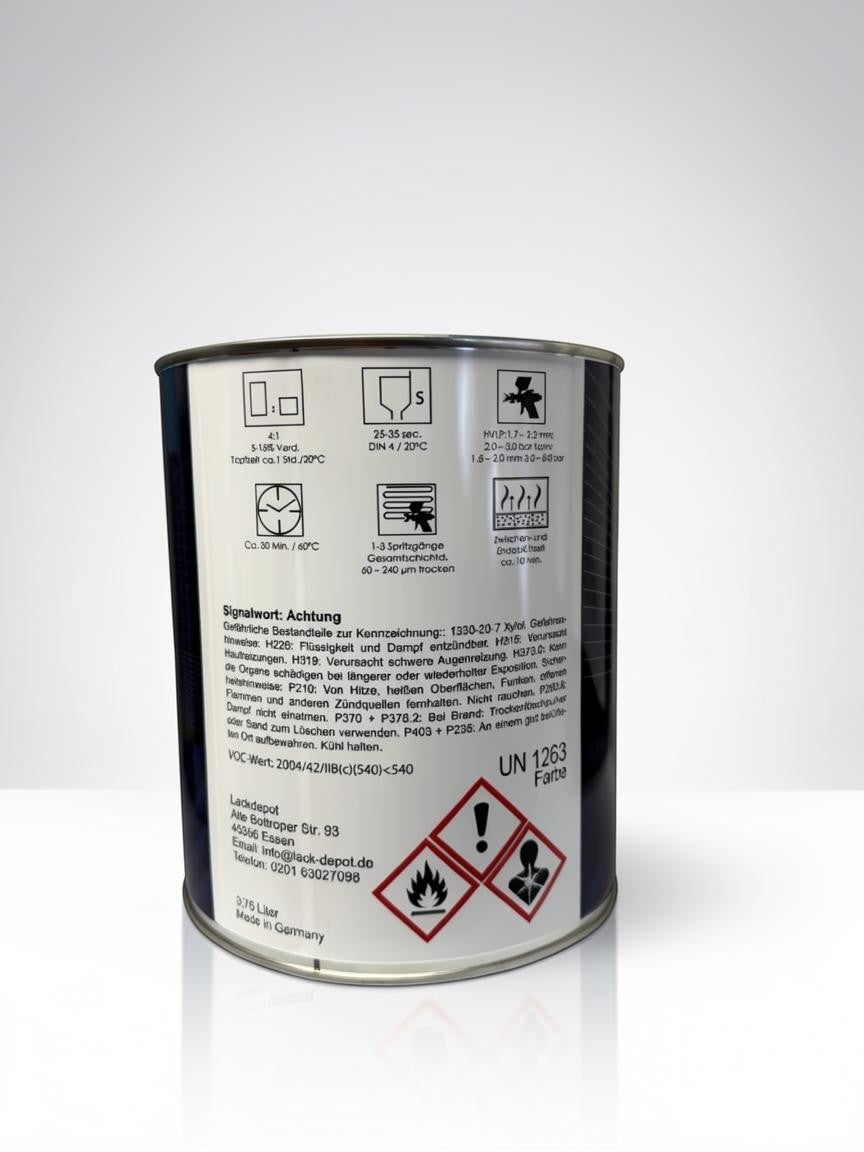 Lack Depot LD Pancho 2K VOC filler can in light grey, showing technical application instructions and safety labels.