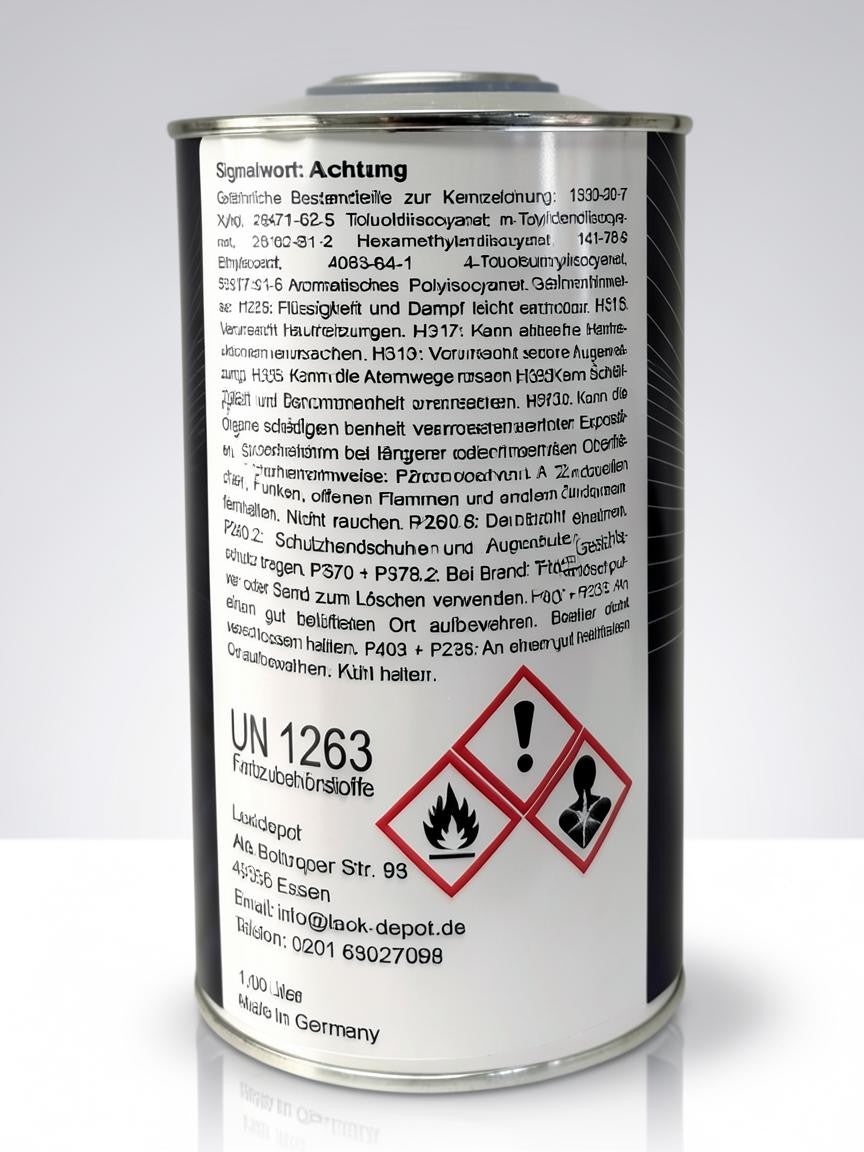 Lack Depot LD Pancho VOC-Füllerhärter 1L metal canister with safety instructions and hazard warning labels