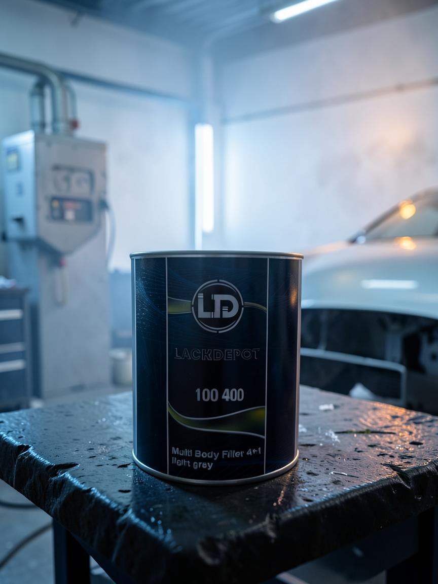 Lack Depot LD Multi Body Filler 4+1 light grey car body filler tin in a professional automotive workshop