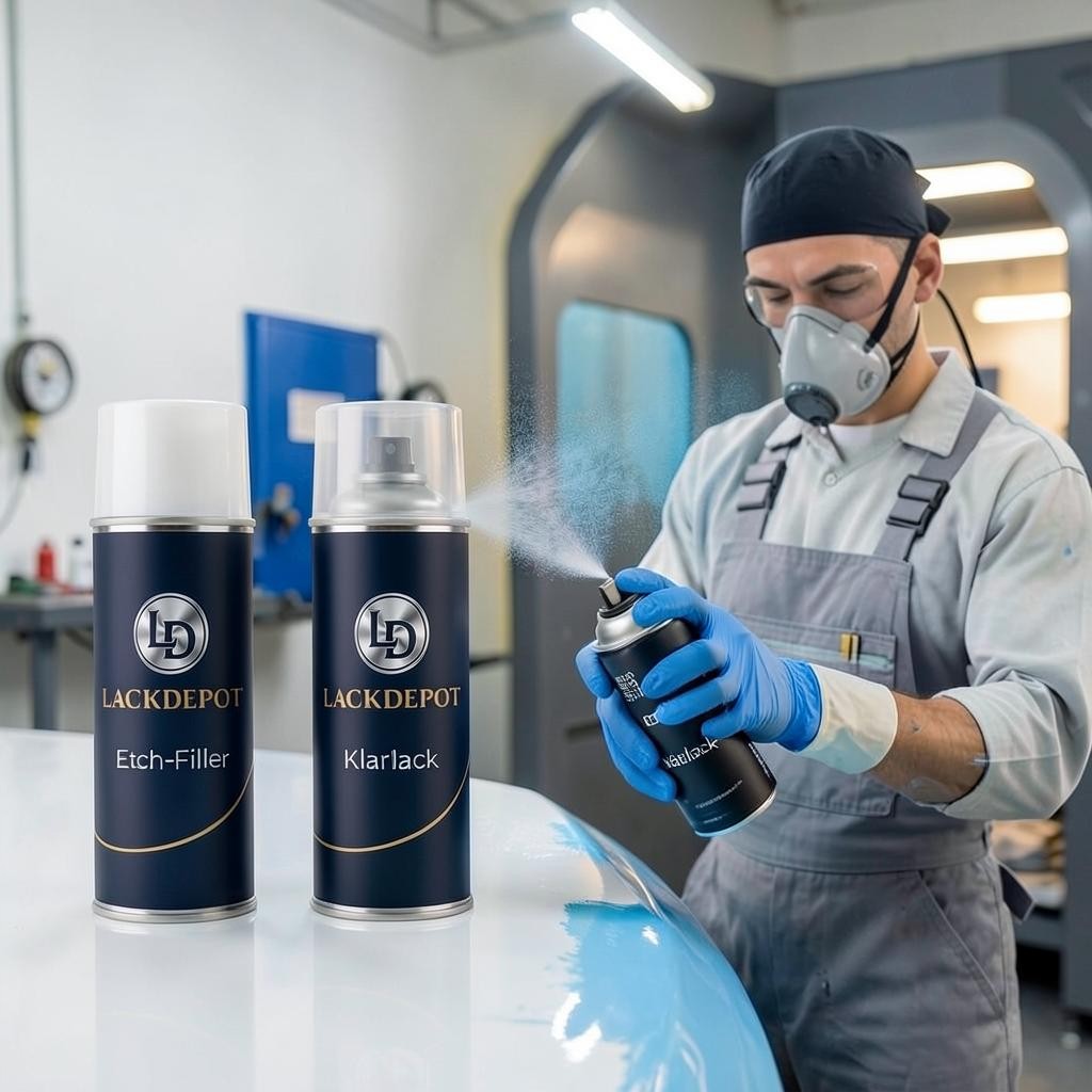 Lack Depot spray paint set including etch filler, color spray, and clear coat being used by a professional technician.