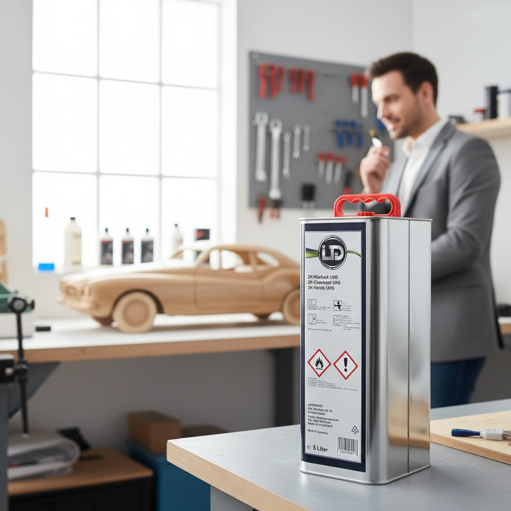 Lack Depot 5L LD 2K-Klarlack UHS metal canister for professional automotive clear coat application in a workshop.